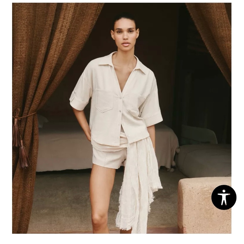 Zara 100% Linen Matching Set Sand Beige Oversized Shirt Shorts Co Ord Size S